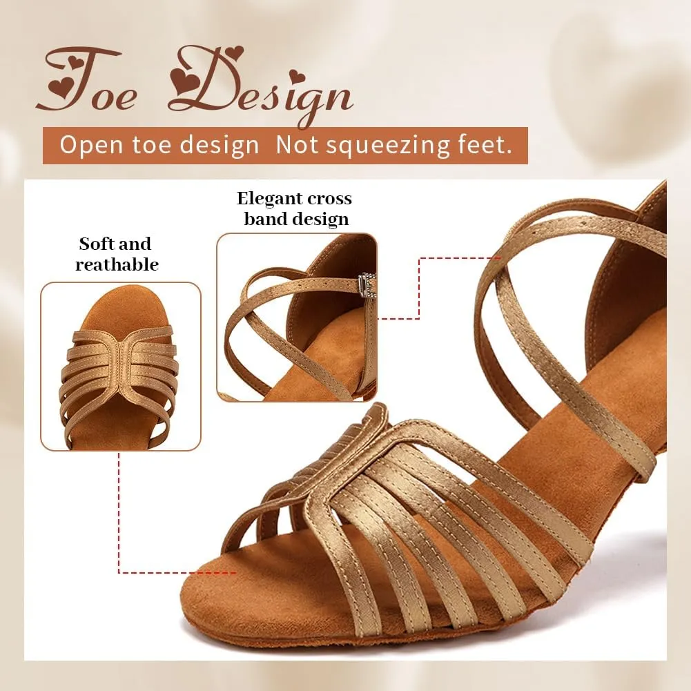 Women's Satin Latin Dance Shoes Professional Ballroom Salsa Performance Practice Dancing Shoes,Model EM-Suede Sole-3”Heel