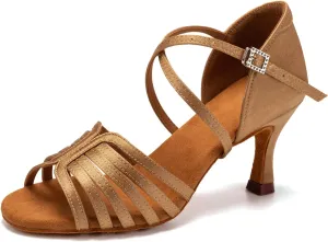 Women's Satin Latin Dance Shoes Professional Ballroom Salsa Performance Practice Dancing Shoes,Model EM-Suede Sole-3”Heel