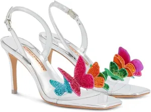 Womens Silver Mixed Media Butterfly Appliques Padded Vanessa Square Toe Stacked Heel Buckle Slingback Sandal 36