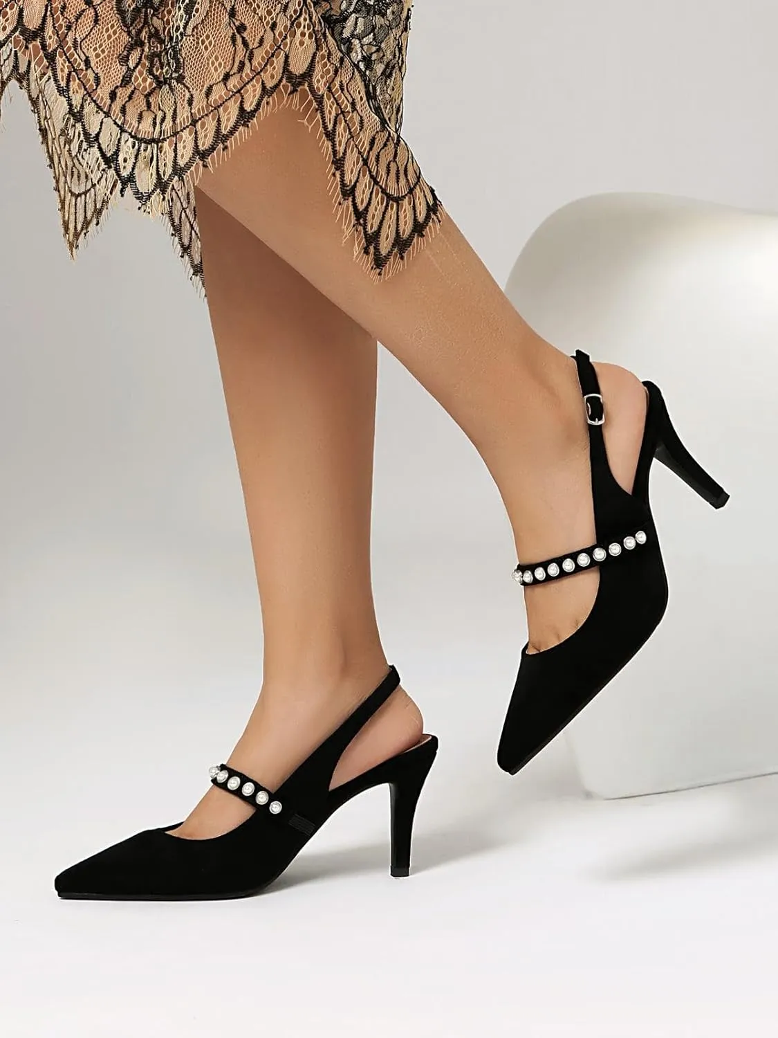 Women's Slingback Heels with Pearls Pointed Toe 3 Inch Stiletto Heels Suede Pumps Shoes