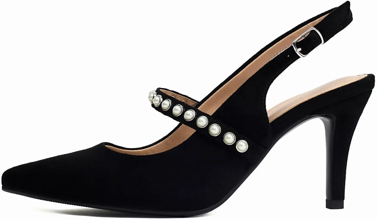 Women's Slingback Heels with Pearls Pointed Toe 3 Inch Stiletto Heels Suede Pumps Shoes