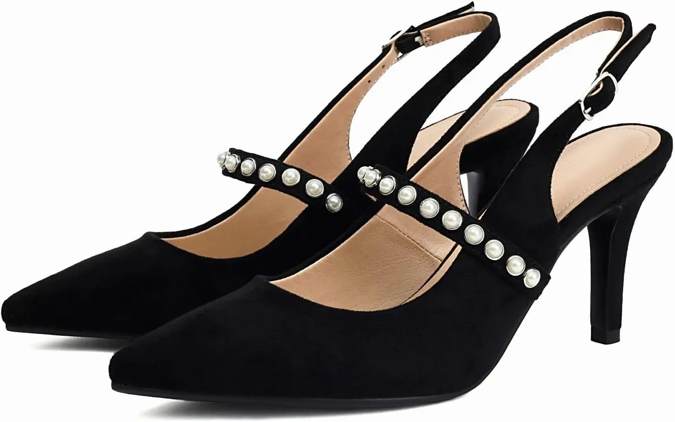 Women's Slingback Heels with Pearls Pointed Toe 3 Inch Stiletto Heels Suede Pumps Shoes