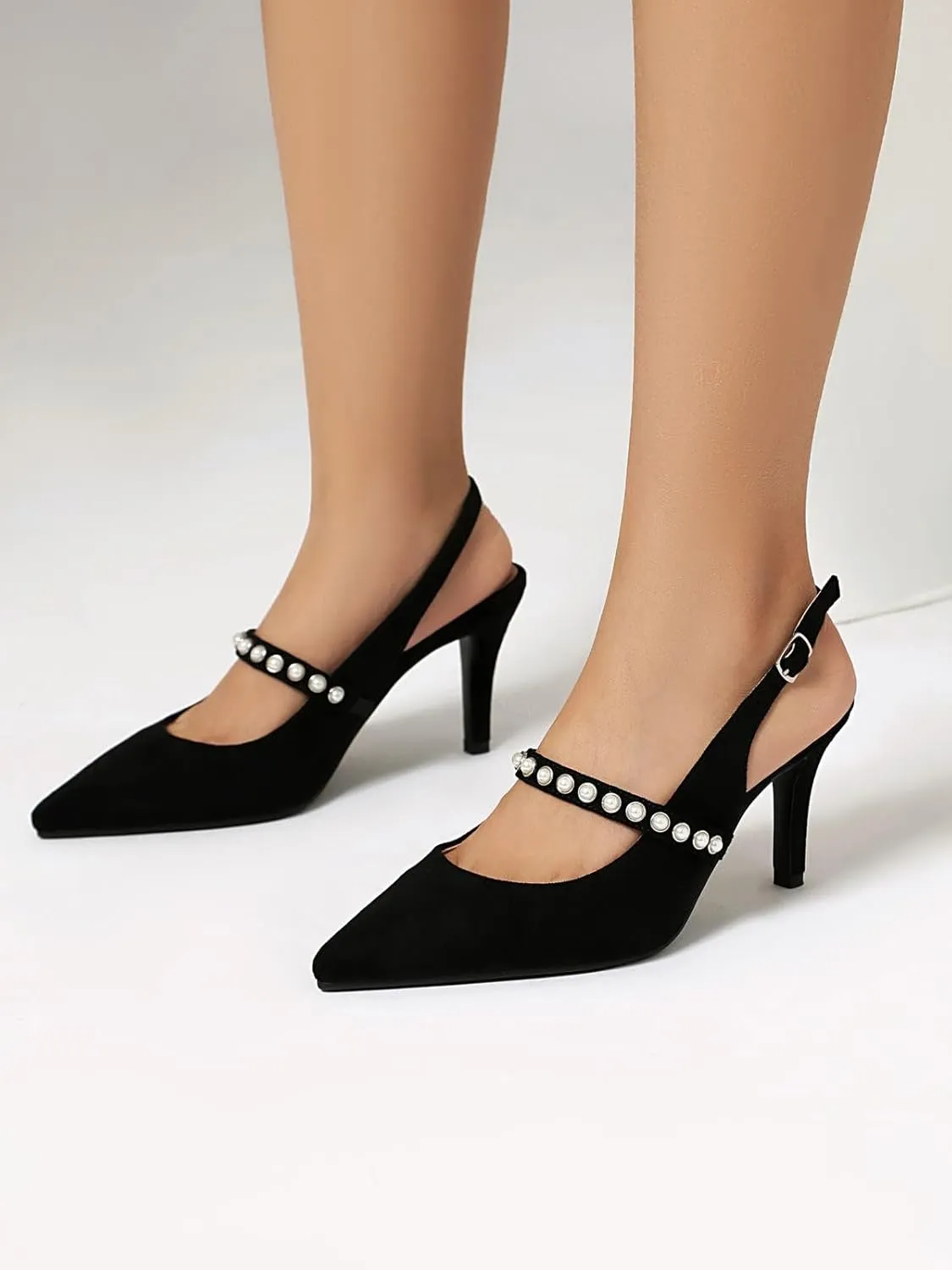 Women's Slingback Heels with Pearls Pointed Toe 3 Inch Stiletto Heels Suede Pumps Shoes