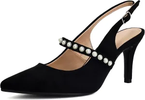 Women's Slingback Heels with Pearls Pointed Toe 3 Inch Stiletto Heels Suede Pumps Shoes