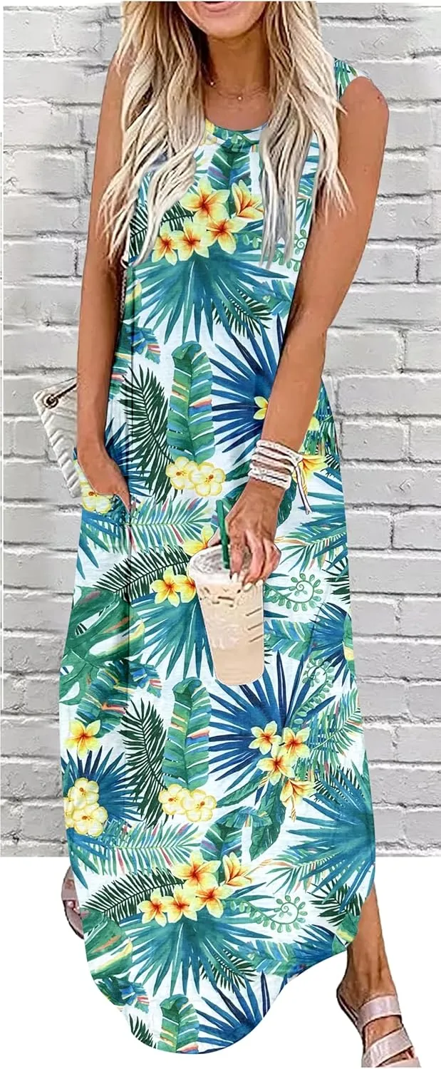Women's Summer Beach Long Dress Sleeveless Maxi Dress with Pockets Hawaiian Beach Rainbow Graphics Tank Shirt Dresses