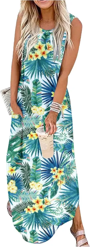 Women's Summer Beach Long Dress Sleeveless Maxi Dress with Pockets Hawaiian Beach Rainbow Graphics Tank Shirt Dresses