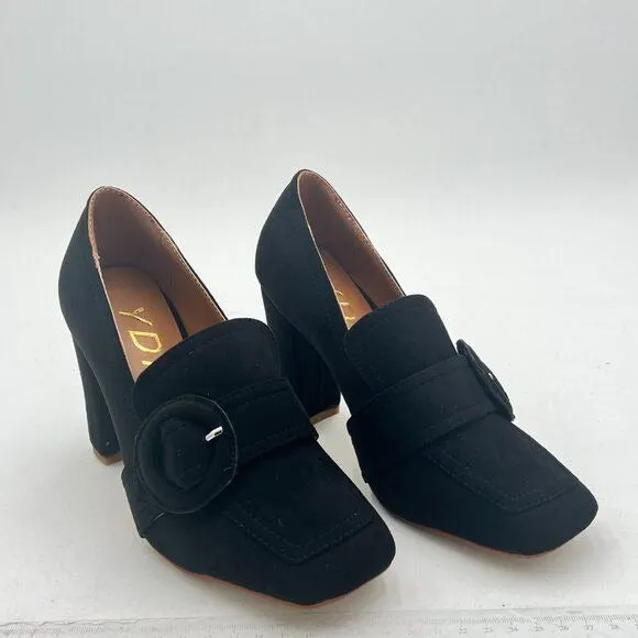 YDN Women Chunky High Heels Square Toe Loafer Shoes Slip On Suede Office Pumps B