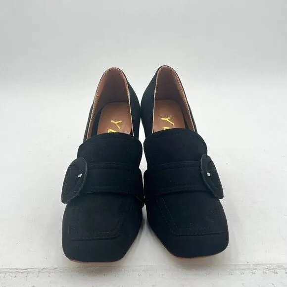 YDN Women Chunky High Heels Square Toe Loafer Shoes Slip On Suede Office Pumps B