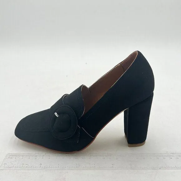 YDN Women Chunky High Heels Square Toe Loafer Shoes Slip On Suede Office Pumps B