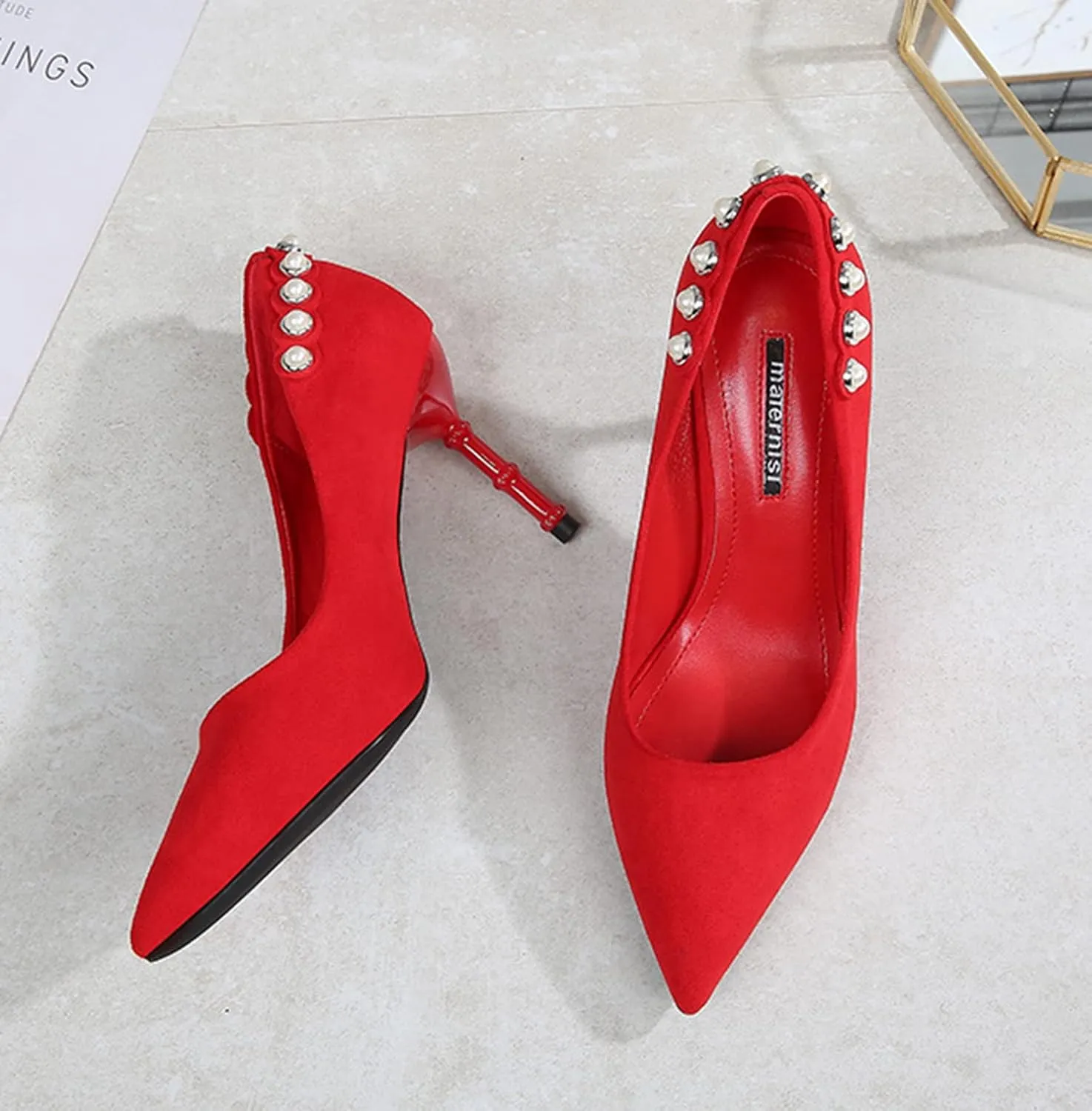 YHTootW Women's Classic Suede Pointed Toe Slim Slip on Stiletto High Heel Pumps Ladies Shallow Mouth Rhinestones Bridal Dress Red Shoes 3.1 Inch Heels