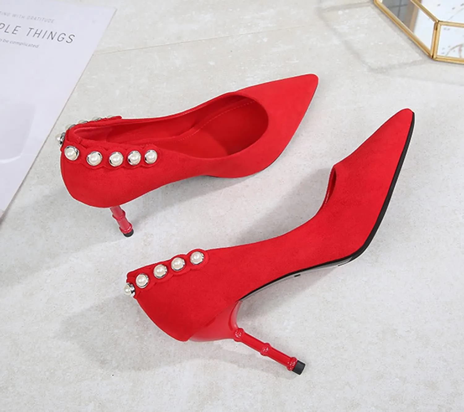 YHTootW Women's Classic Suede Pointed Toe Slim Slip on Stiletto High Heel Pumps Ladies Shallow Mouth Rhinestones Bridal Dress Red Shoes 3.1 Inch Heels