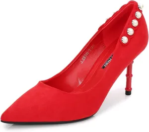 YHTootW Women's Classic Suede Pointed Toe Slim Slip on Stiletto High Heel Pumps Ladies Shallow Mouth Rhinestones Bridal Dress Red Shoes 3.1 Inch Heels