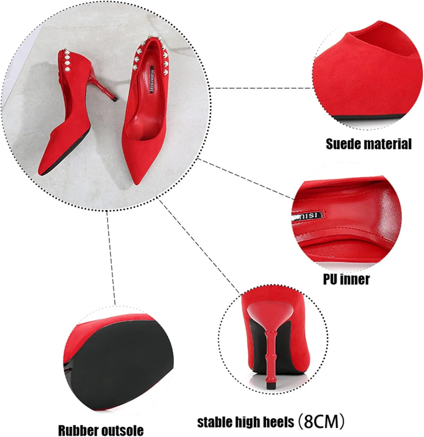 YHTootW Women's Classic Suede Pointed Toe Slim Slip on Stiletto High Heel Pumps Ladies Shallow Mouth Rhinestones Bridal Dress Red Shoes 3.1 Inch Heels